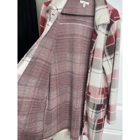 Maurices Plaid Academia Style Long Jacket Coat Red Ivory Open Front M - Picture 5 of 8